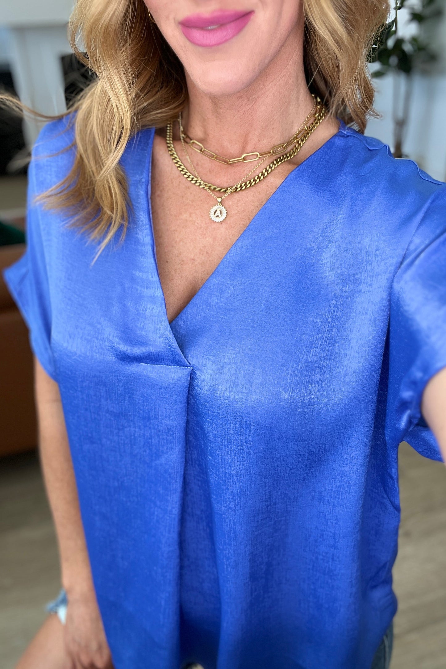 Satin Pleat Front V-Neck Top in Royal Blue - Andree By Unit