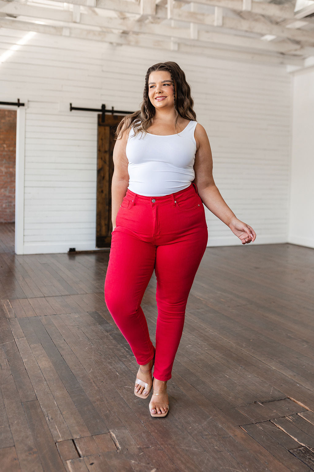 Ruby High Rise Control Top Garment Dyed Skinny Jeans in Red - Judy Blue