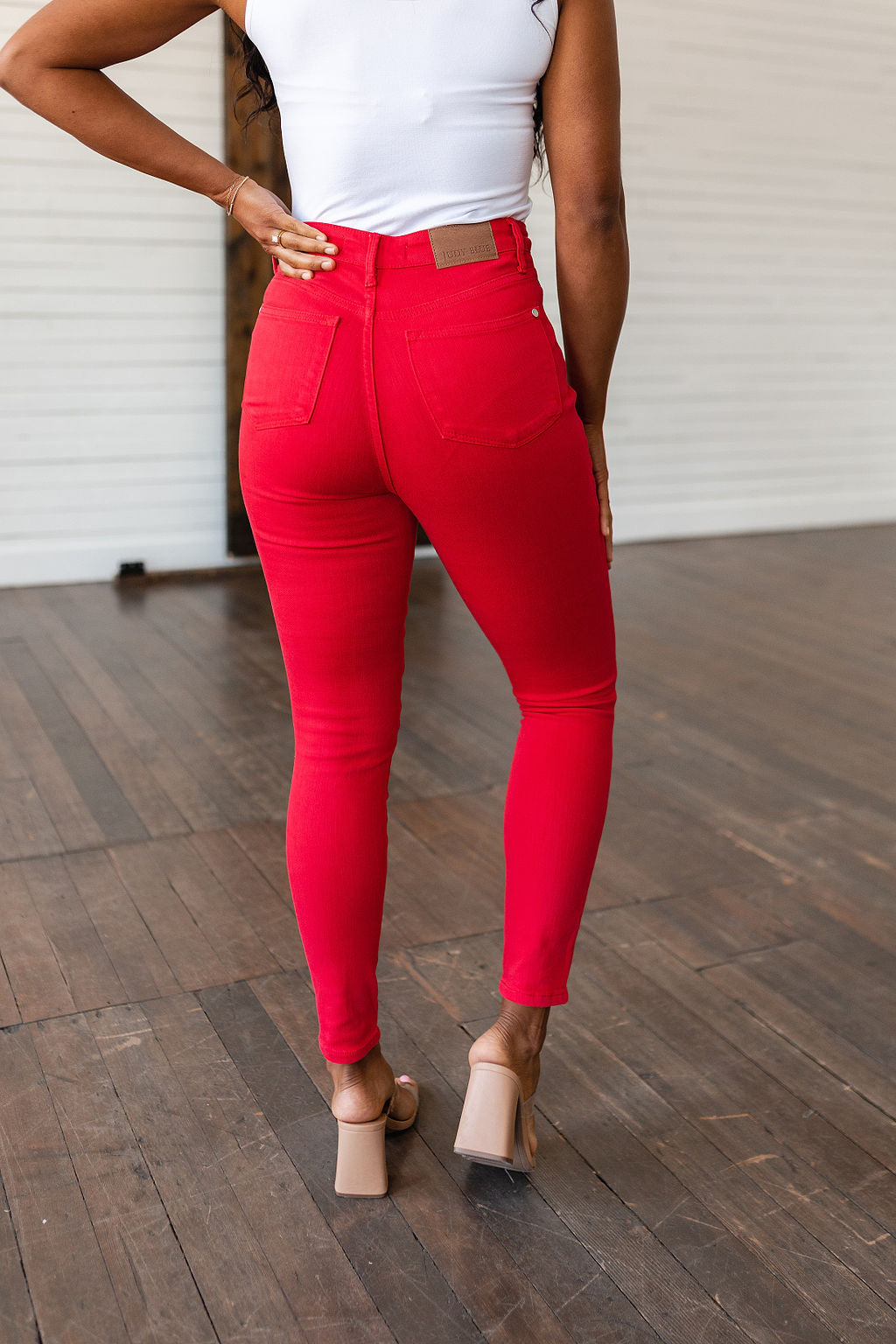 Ruby High Rise Control Top Garment Dyed Skinny Jeans in Red - Judy Blue