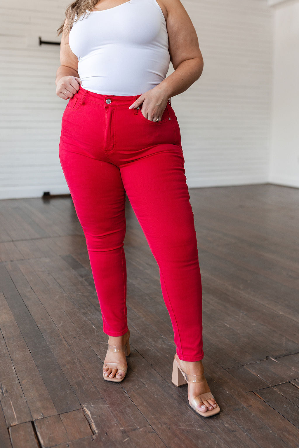 Ruby High Rise Control Top Garment Dyed Skinny Jeans in Red - Judy Blue