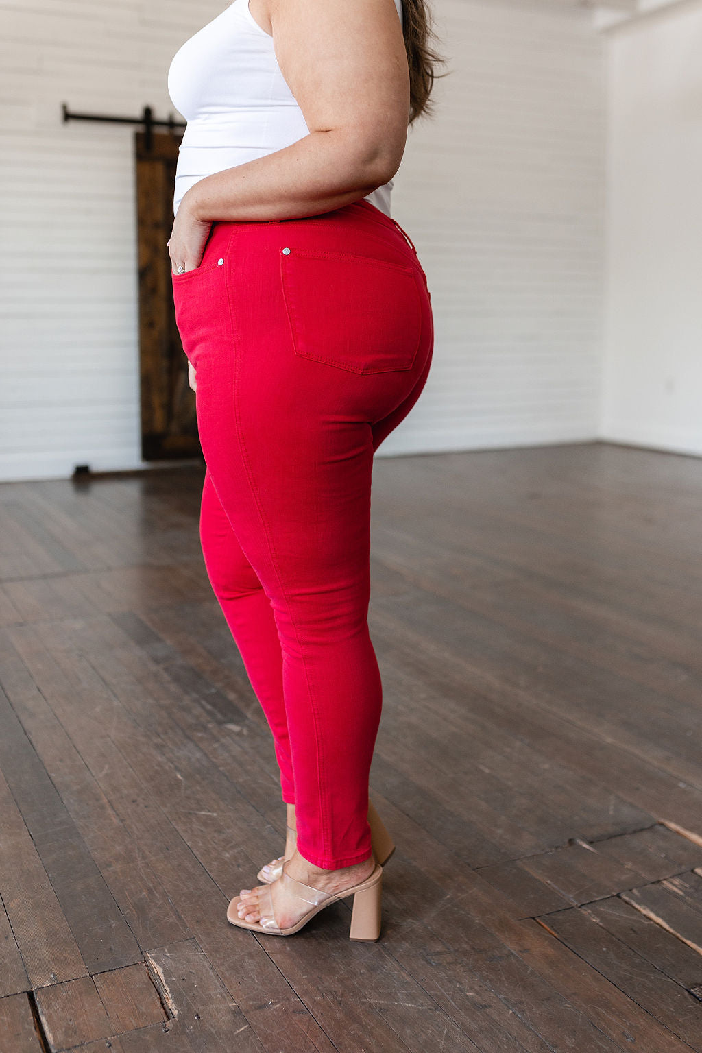 Ruby High Rise Control Top Garment Dyed Skinny Jeans in Red - Judy Blue