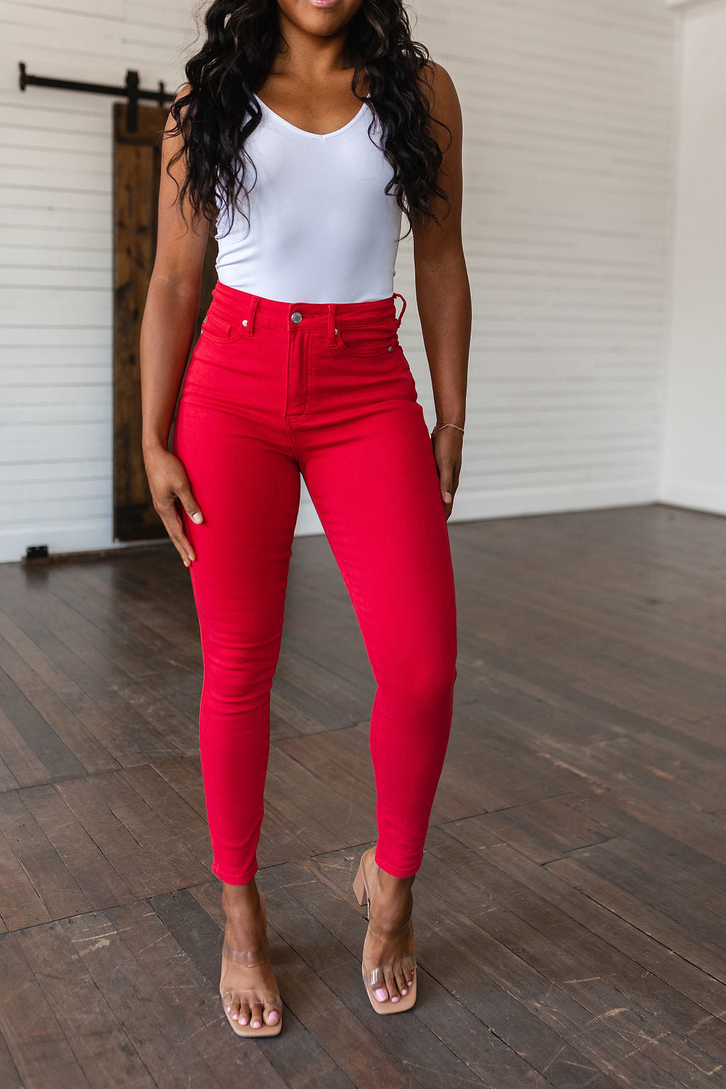 Ruby High Rise Control Top Garment Dyed Skinny Jeans in Red - Judy Blue