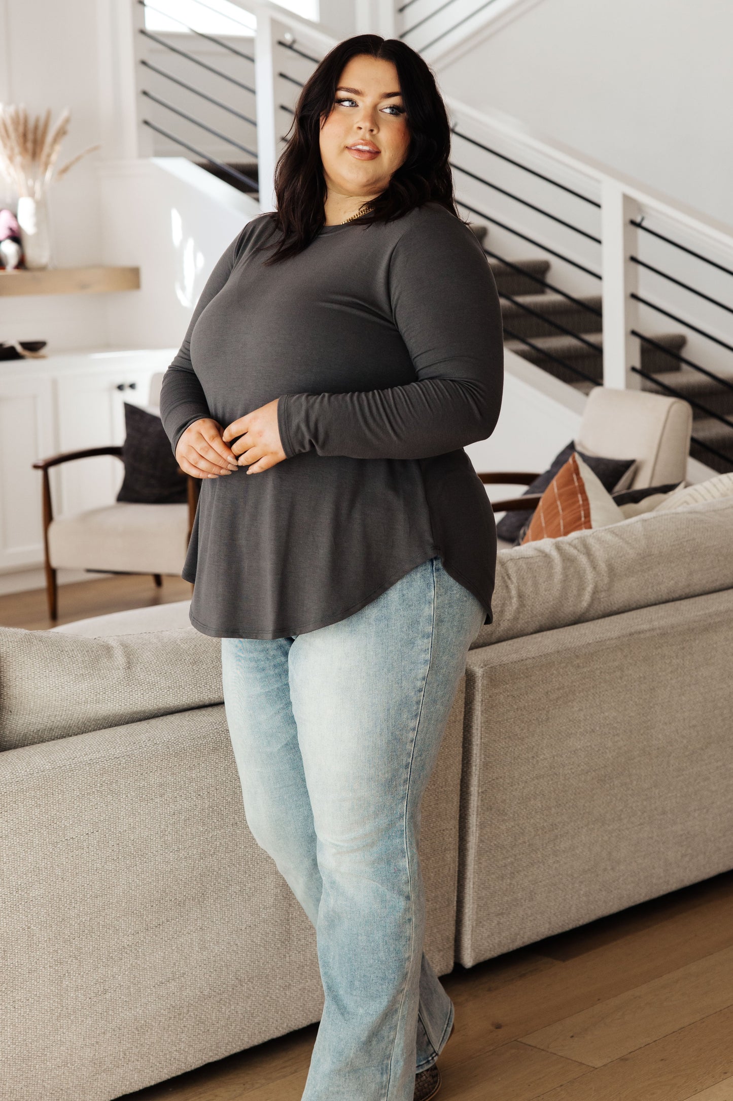 Scoop Me Up Long Sleeve Top in Ash Grey - Zenana