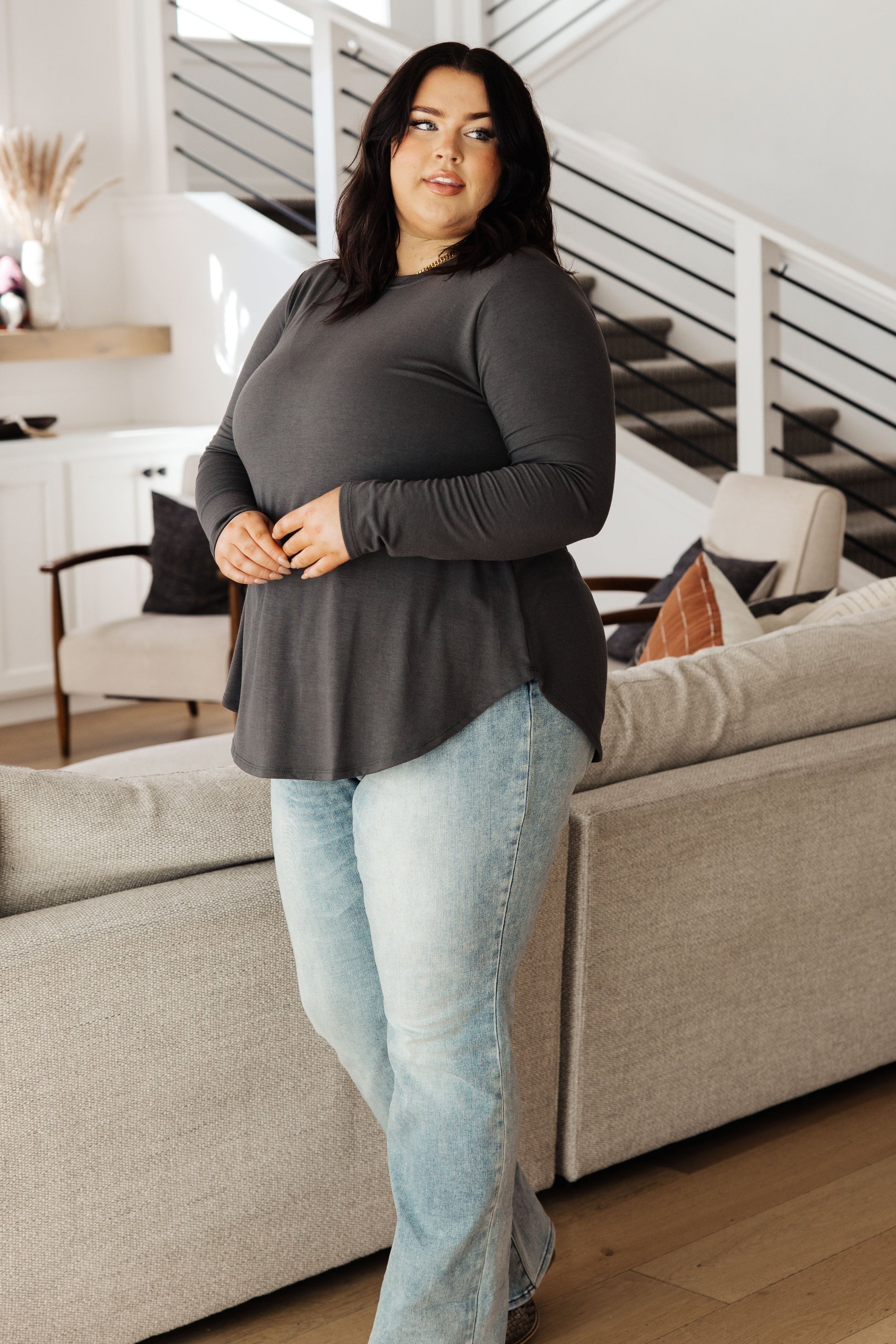 Scoop Me Up Long Sleeve Top in Ash Grey - Zenana