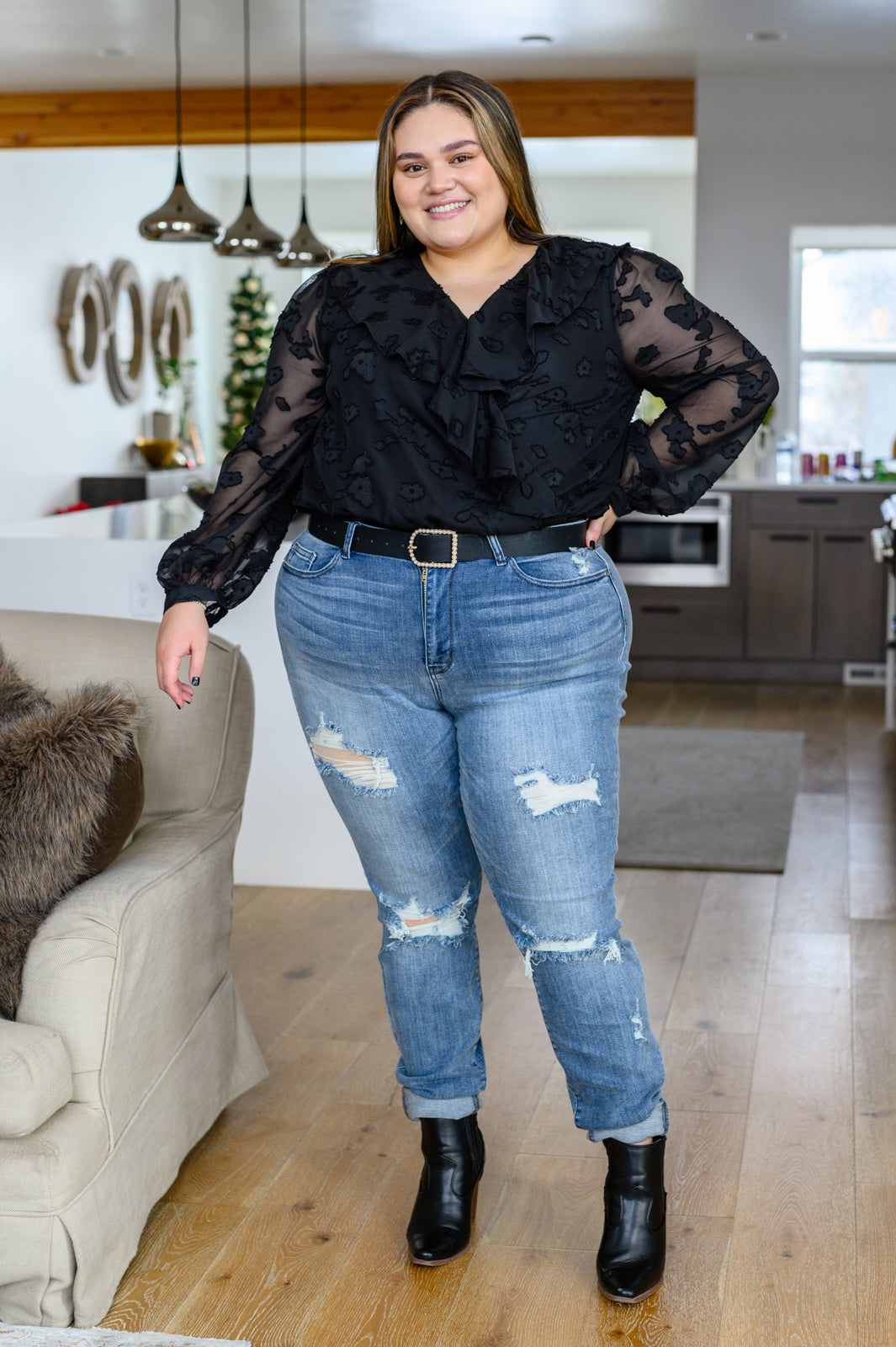 Think Of Me Ruffle Long Sleeve Bodysuit in Black - Jodifl