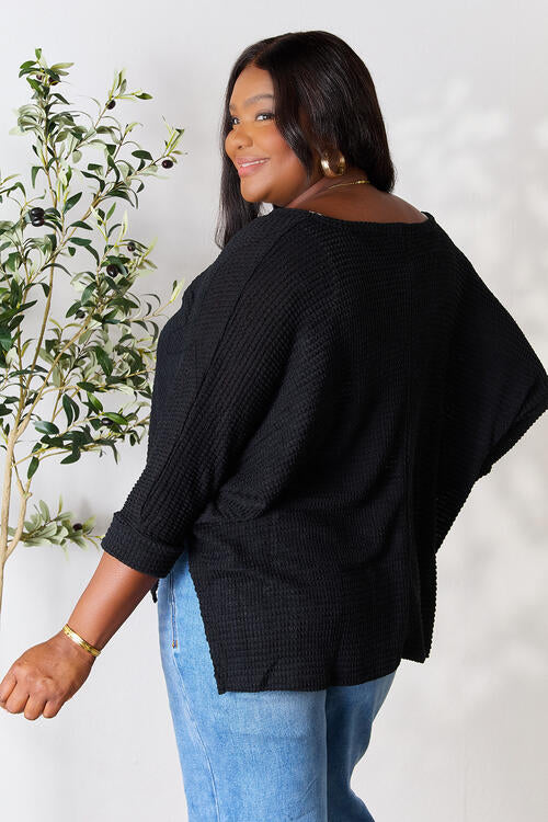 Zenana Round Neck High-Low Slit Knit Top - Black