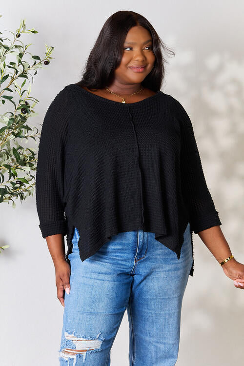 Zenana Round Neck High-Low Slit Knit Top - Black