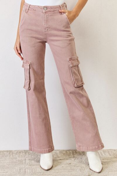 RISEN High Rise Cargo Wide Leg Jeans - Mauve
