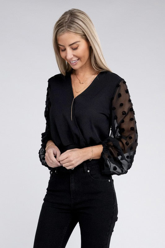 V Neck Wrap Sheer Sleeves Bodysuit - Nuvi Apparel