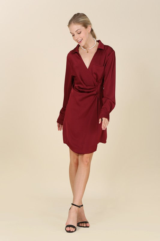 Satin Collared Wrap Mini Dress - Lilou