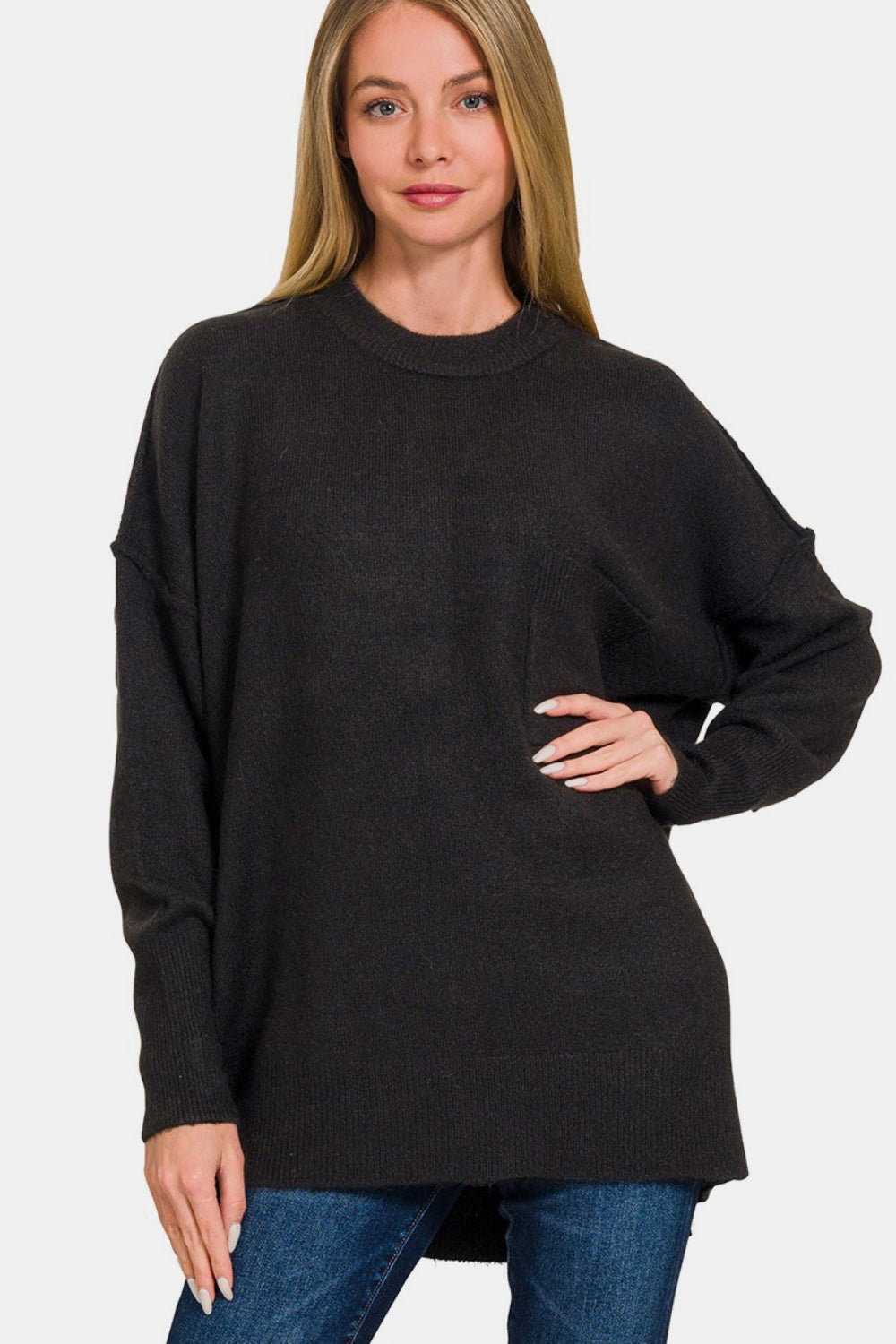 Zenana High-Low Hem Drop Shoulder Sweater - Black