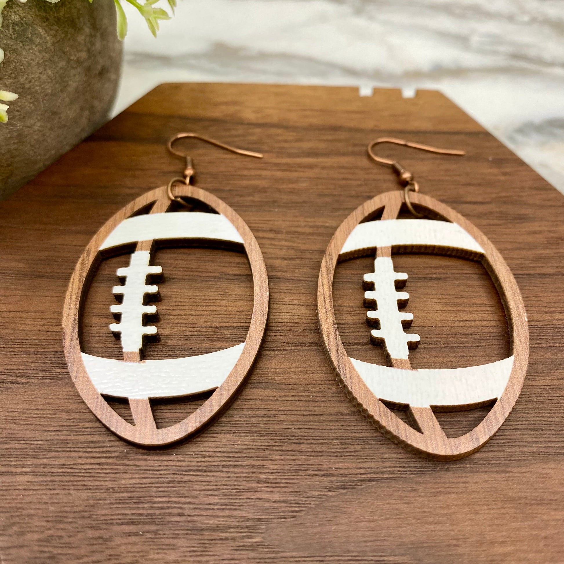 Wooden Cutout Dangle Earrings - Football