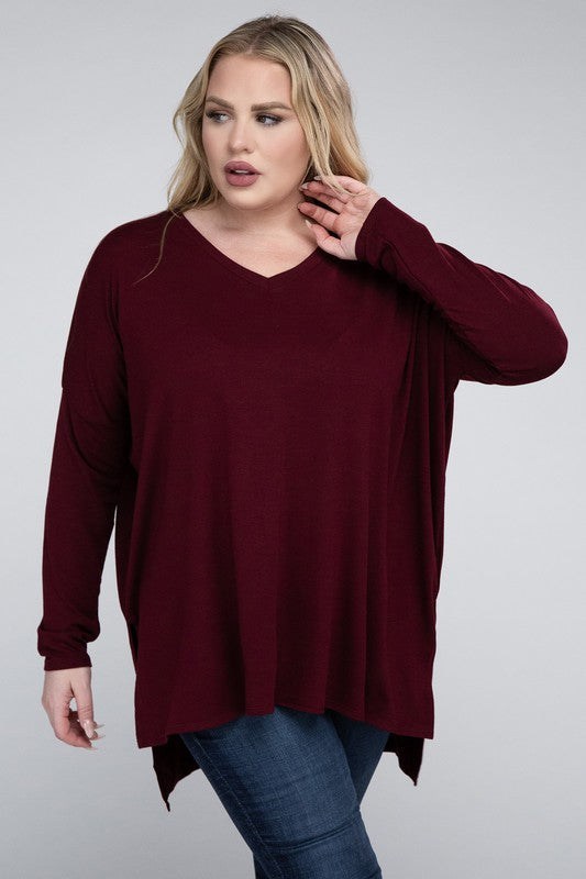 Plus Dolman Sleeve V-Neck Side Slit Hi-Low Hem Top - Zenana