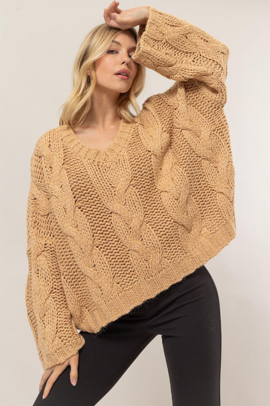 HYFVE Cable Knit V-Neck Sweater - Taupe