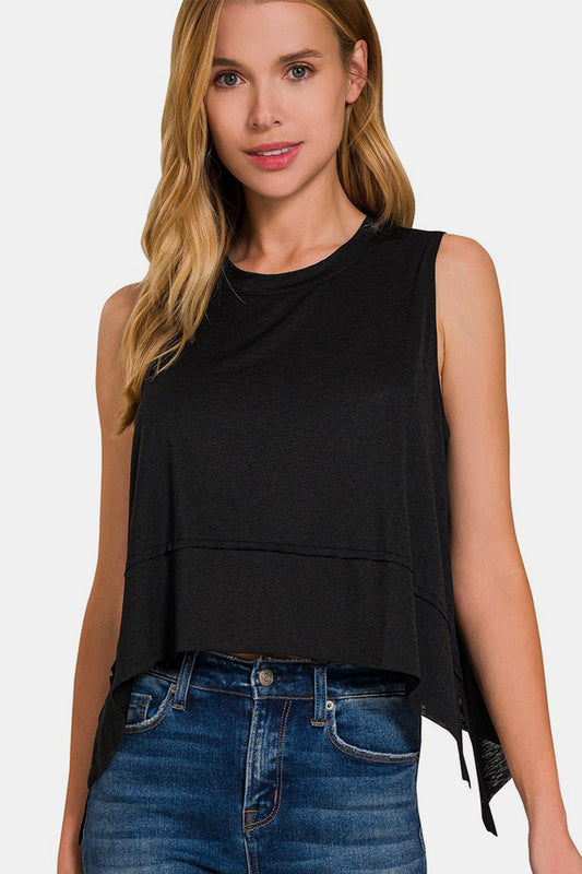 Zenana Exposed Seam Slit Round Neck Tank - Black