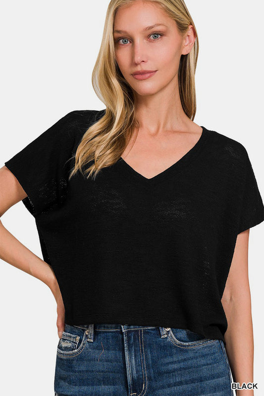 Zenana V-Neck Short Sleeve Crop T-Shirt - Black
