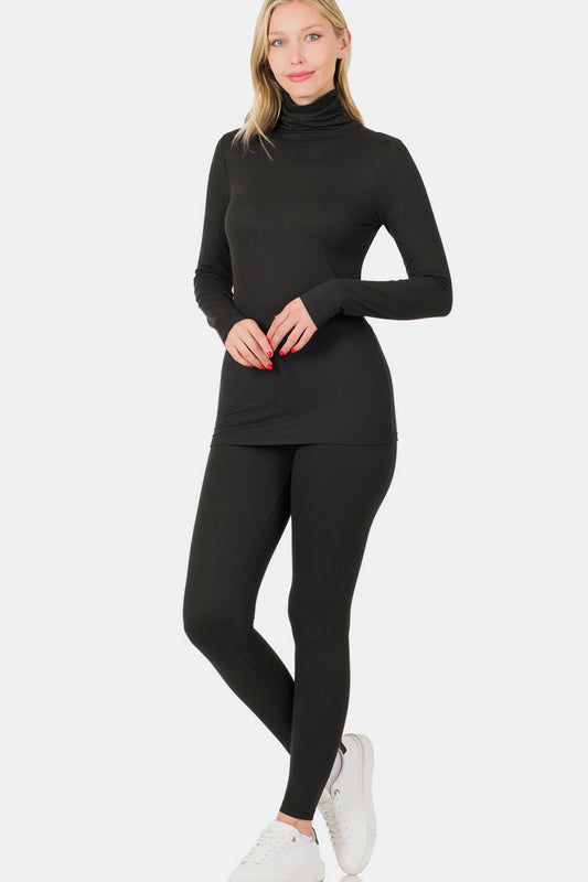 Zenana Full Size Turtleneck Top and Leggings Lounge Set - Black