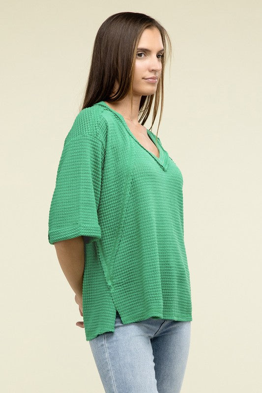 Brushed Waffle Exposed-Seam 3/4 Sleeve Top - Zenana