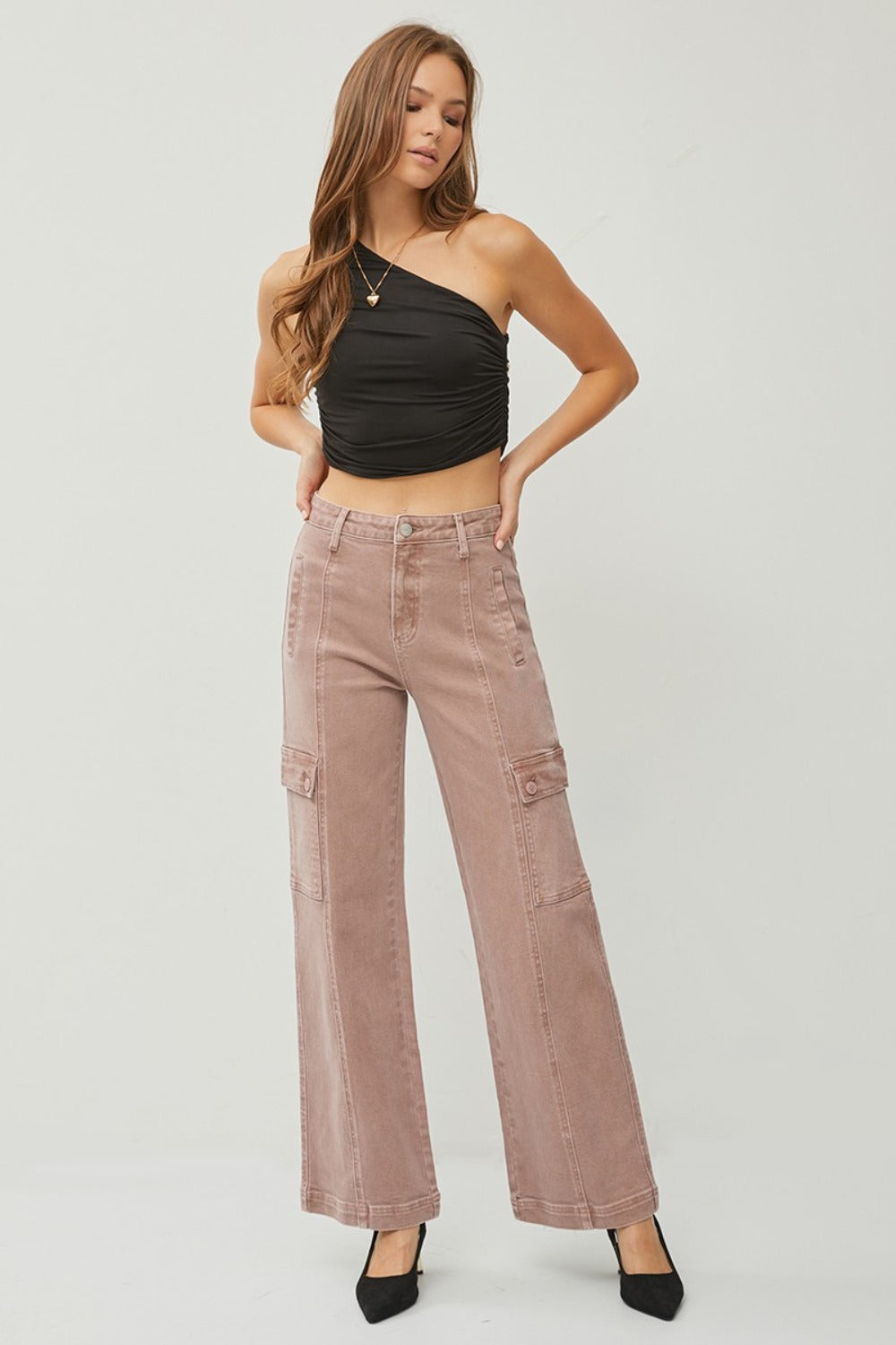 RISEN Full Size High Rise Wide Leg Cargo Jeans - Mauve