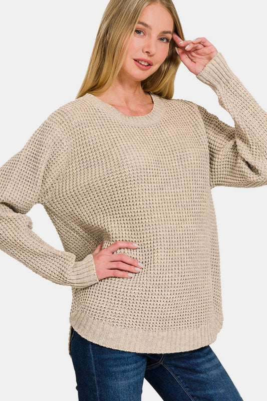 Zenana High Low Long Sleeve Waffle Sweater - Beige