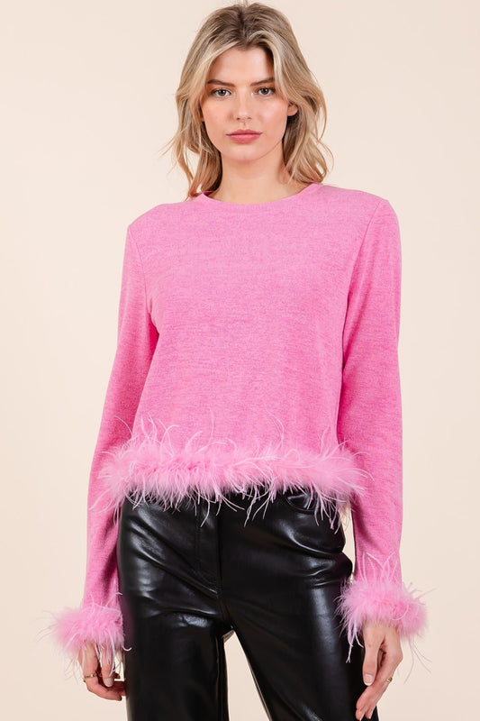 Mittoshop Feather Trim Long Sleeve Crop Hacci Knit Top - Bubble Gum