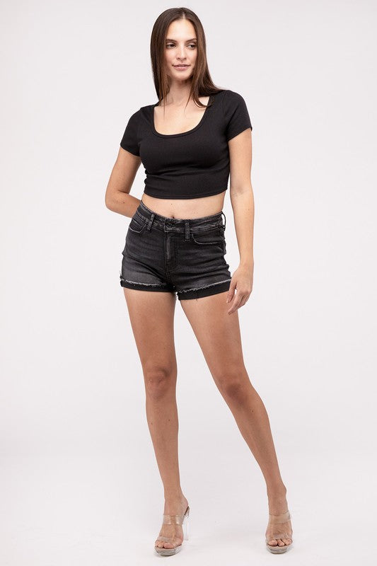 Washed Black Cuffed Raw Hem Denim Shorts - Zenana