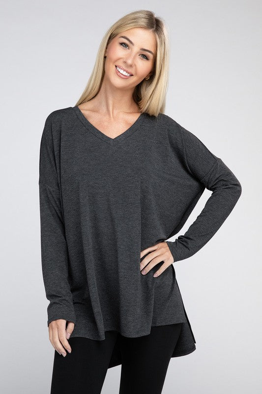 Dolman Long Sleeve V-Neck Side Slit Hi-Low Hem Top - Zenana