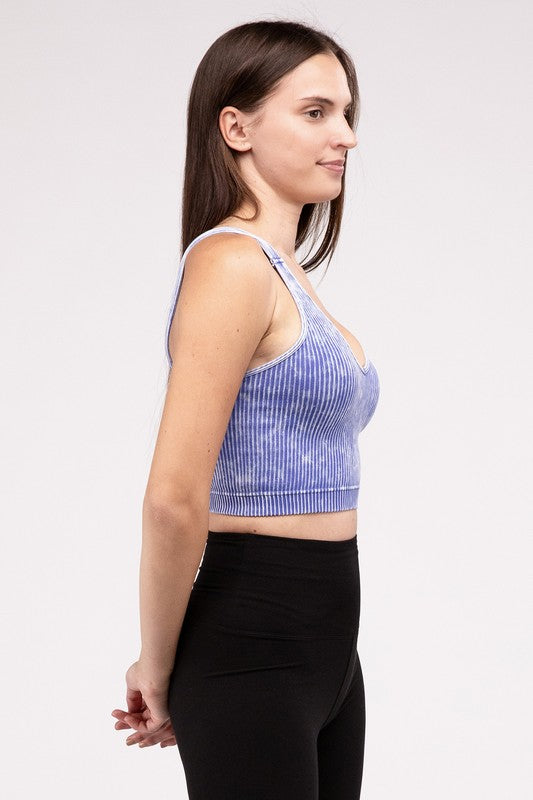 Washed Ribbed Cropped V-Neck Tank Top - Zenana