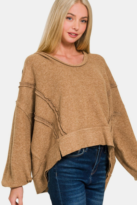 Zenana Brushed Hacci Exposed Seam Hoodie - Deep Camel