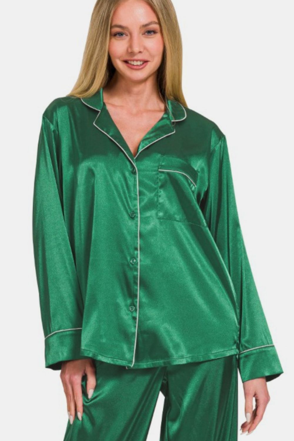 Zenana Satin Long Sleeve Shirt and Pants Pajama Set - Hunter Green