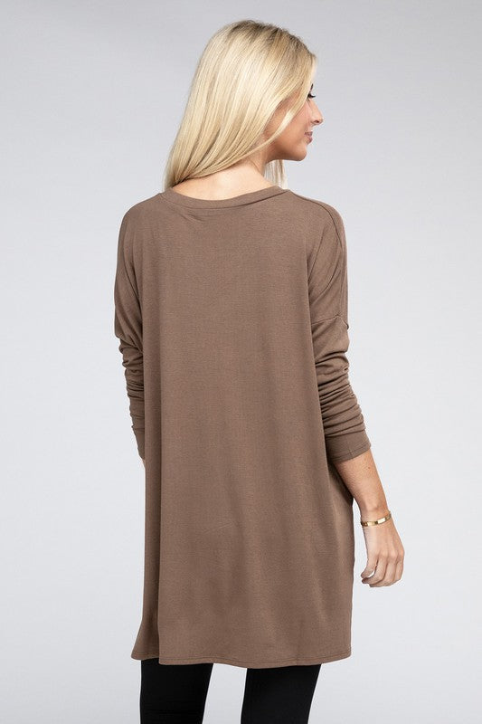 Dolman Long Sleeve V-Neck Side Slit Hi-Low Hem Top - Zenana