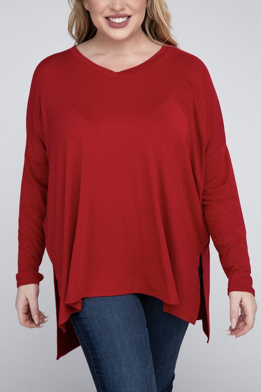 Plus Dolman Sleeve V-Neck Side Slit Hi-Low Hem Top - Zenana