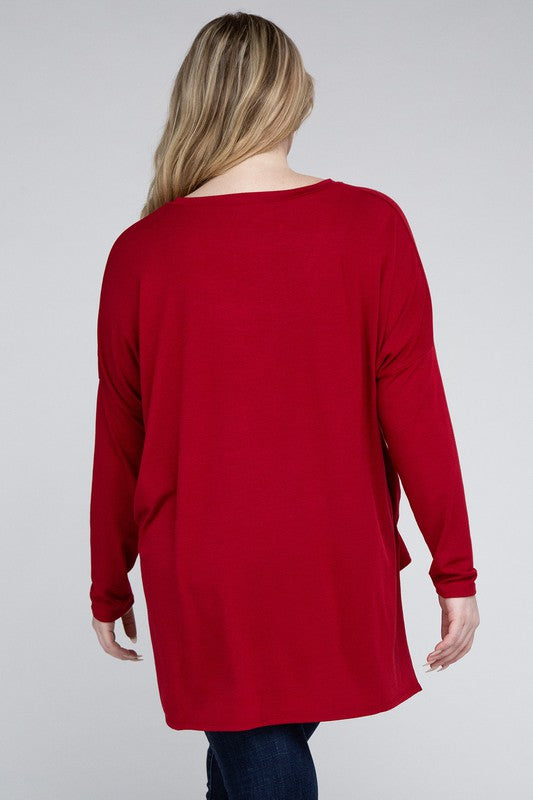 Plus Dolman Sleeve V-Neck Side Slit Hi-Low Hem Top - Zenana