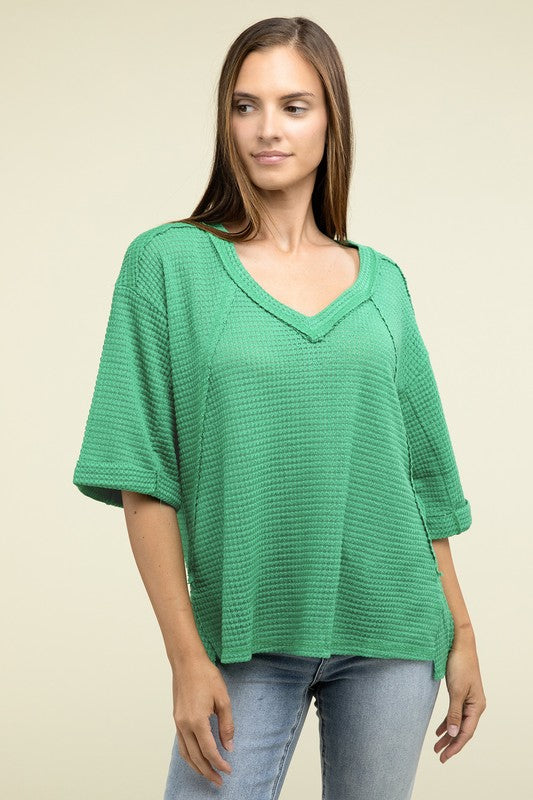 Brushed Waffle Exposed-Seam 3/4 Sleeve Top - Zenana