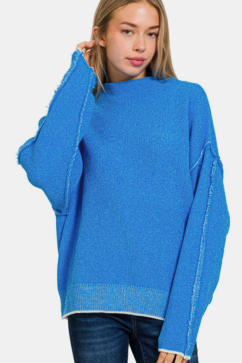 Zenana Exposed Seam Mock Neck Long Sleeve Sweater - Ocean Blue