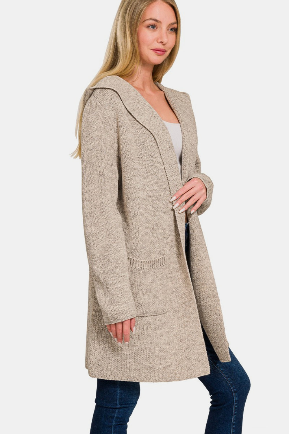 Zenana Hooded Open Front Sweater Cardigan - Mocha