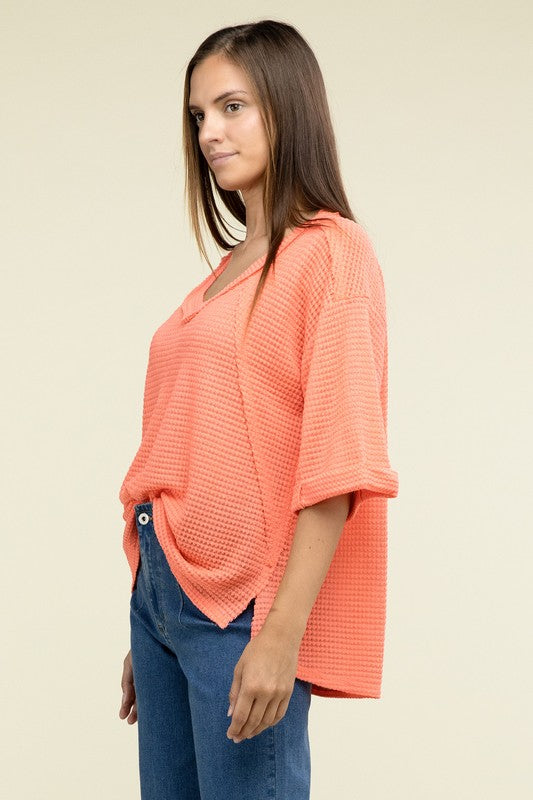 Brushed Waffle Exposed-Seam 3/4 Sleeve Top - Zenana