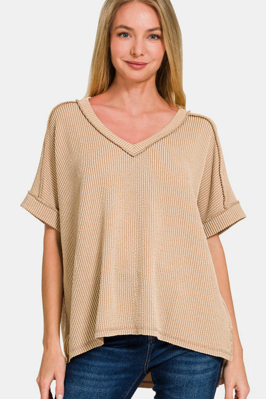 Zenana Corded Rib Short Sleeve High-Low T-Shirt - Mocha