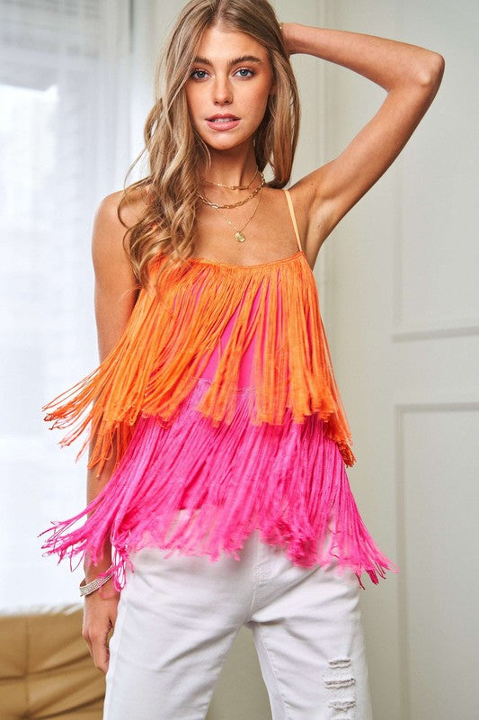 Fringe Overlay Cross Straps Party Cami Top - Davi & Dani