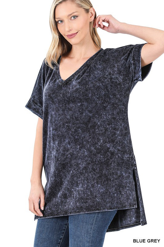 Mineral Wash Rolled Short Sleeve V-Neck Top - Zenana