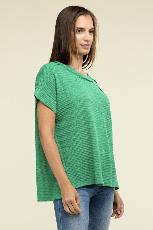 Brushed Waffle Exposed-Seam Short Sleeve Top - Zenana