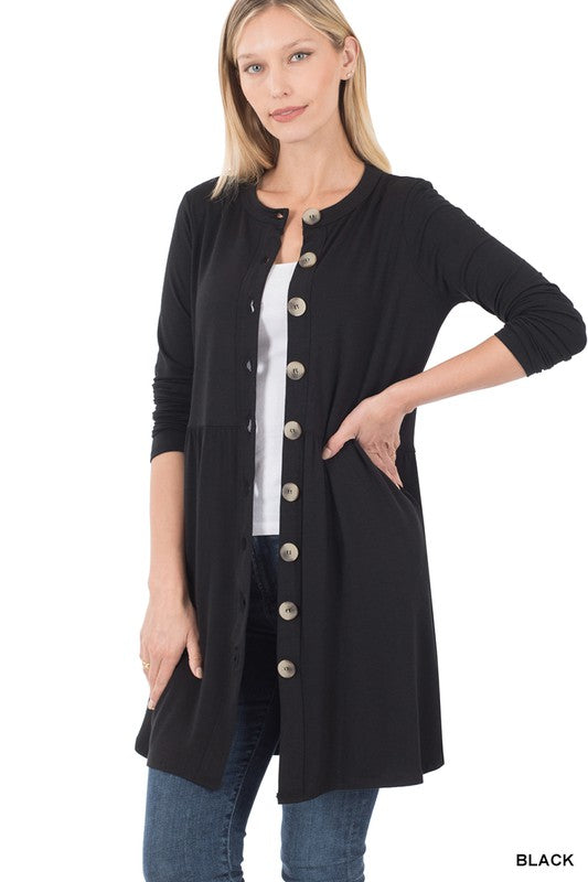 Shirred Waist Buttoned Cardigan With Side Pockets - Zenana