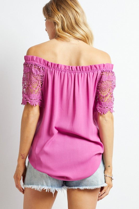 Crochet Lace Sleeveless Accent Off Shoulder Top - Davi & Dani