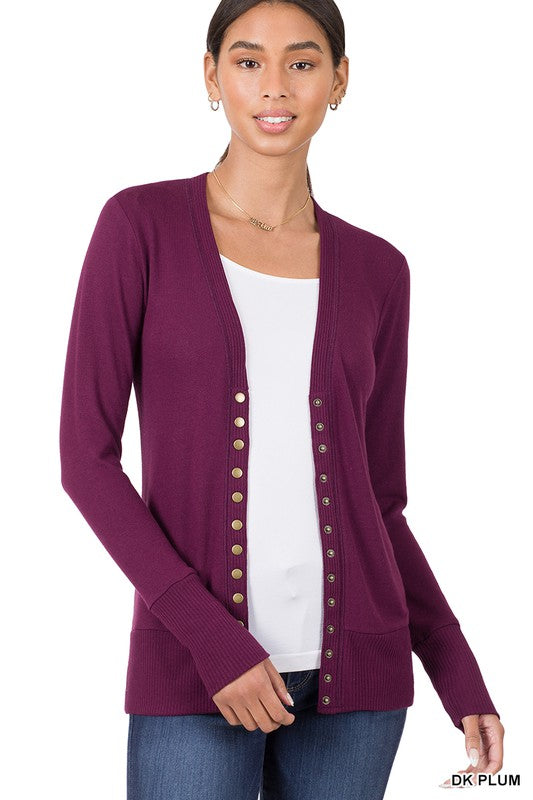 Snap Button Sweater Cardigan with Ribbed Detail - Zenana