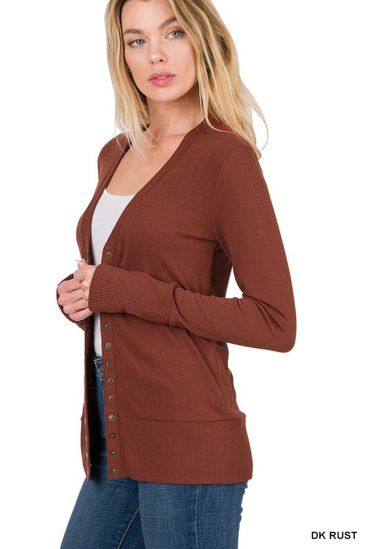 Snap Button Sweater Cardigan with Ribbed Detail - Zenana