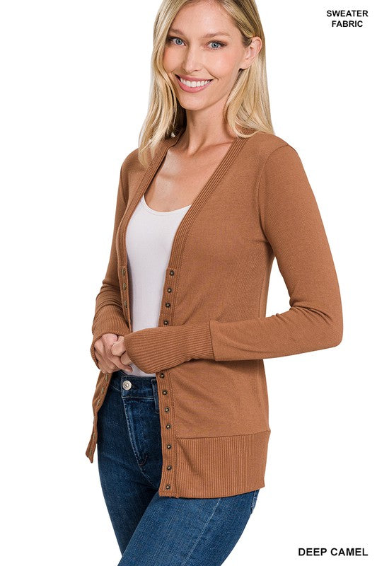 Snap Button Sweater Cardigan with Ribbed Detail - Zenana