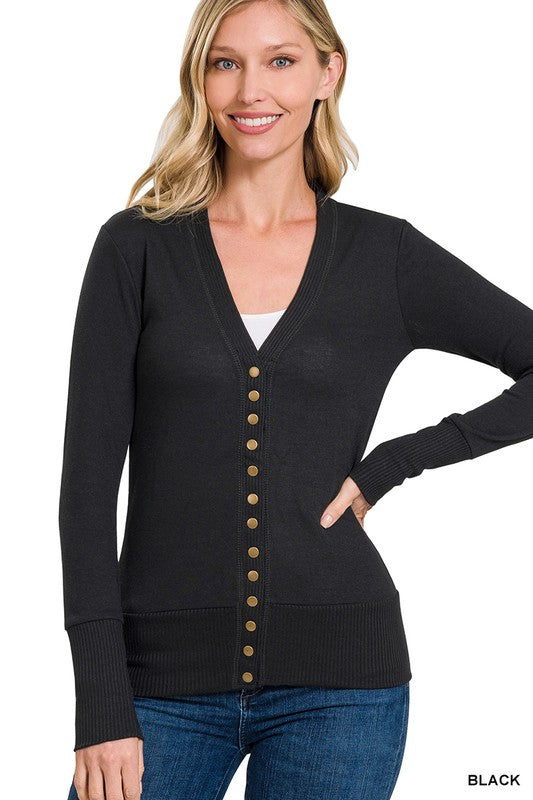 Snap Button Sweater Cardigan with Ribbed Detail - Zenana