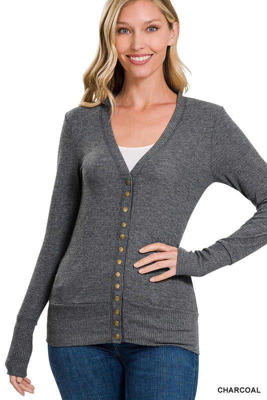 Snap Button Sweater Cardigan with Ribbed Detail - Zenana