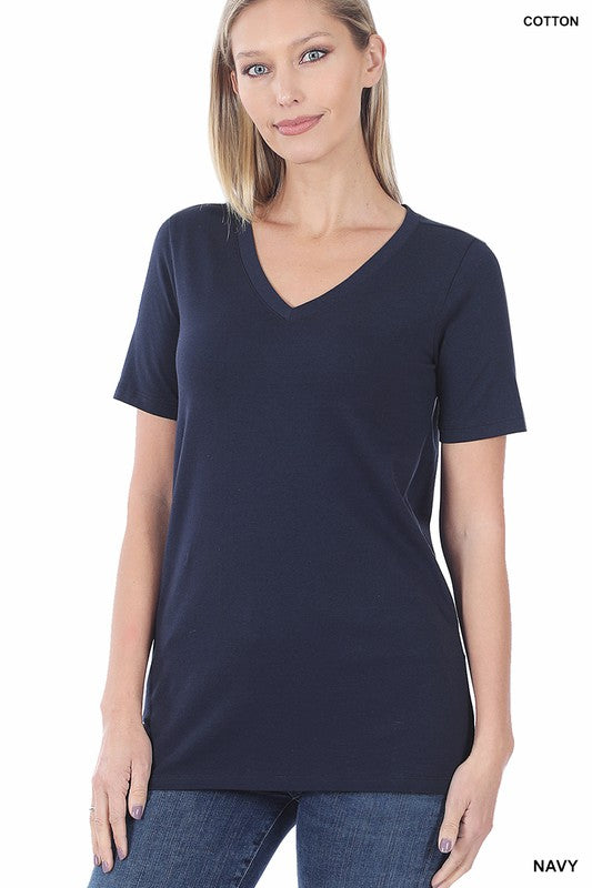 Cotton V-Neck Short Sleeve T-Shirts - Zenana