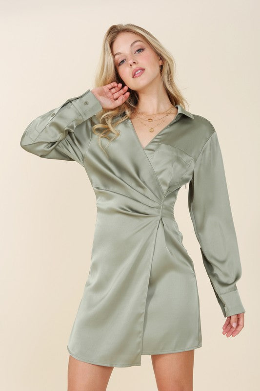 Satin Collared Wrap Mini Dress - Lilou